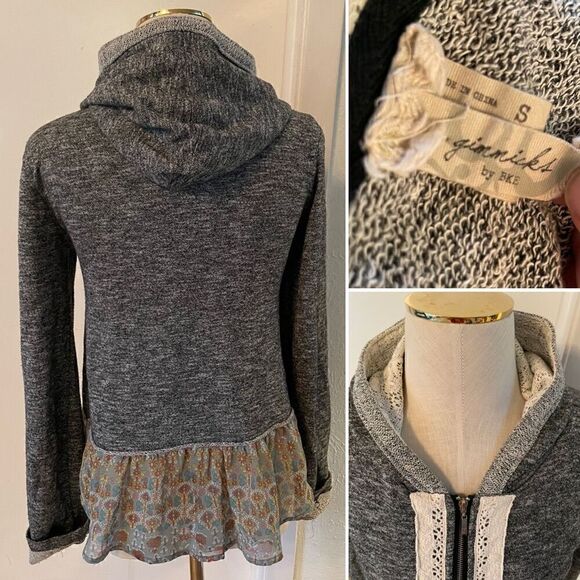 Gray Zip Hoodie With Lace & Floral Trim S - Picture 2 of 4